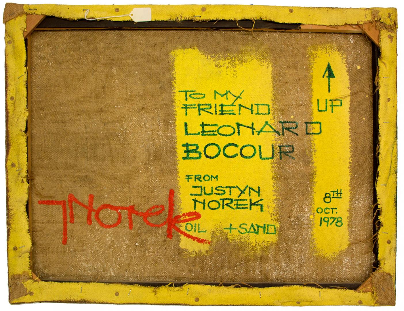 "To My Friend Leonard Bocour" painted on the back side of a framed canvas