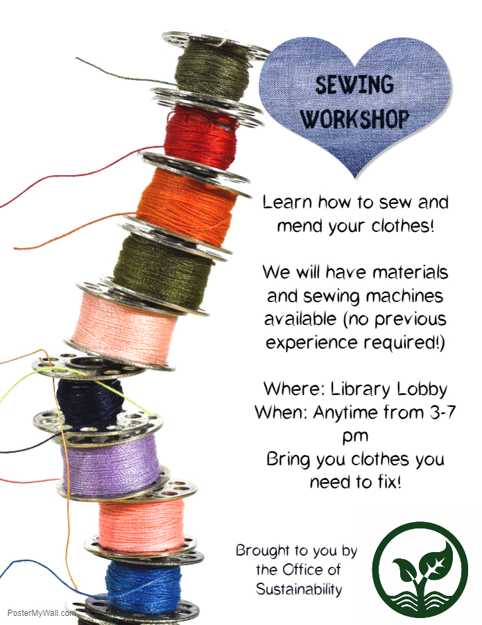 Sewing Workshop @ Library! Learn how to sew and mend your clothes. We will have materials and sewing machines available (no previous experience required!). Meet in the Lobby of the Library anytime from 3-7 pm. And you can bring you clothes you need to fix!