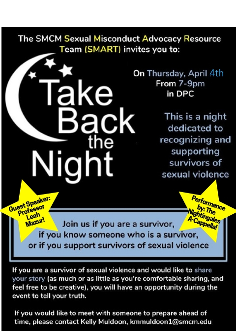 Take Back the Night Flyer: Black, Blue, and Yellow, with the Take Back the Night Logo, and details about the event.