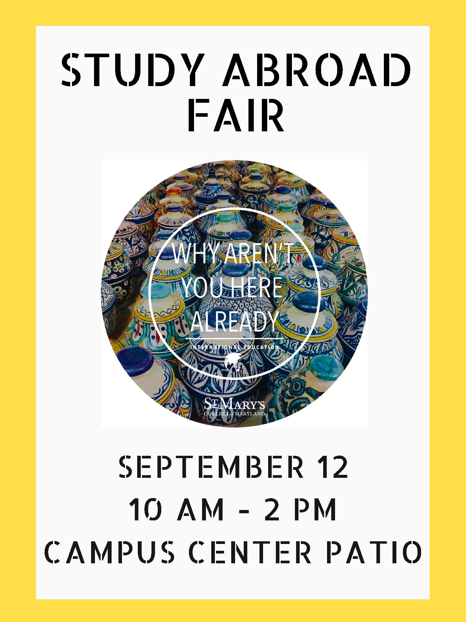 Study Abroad Fair on September 12th from 10-2 on the Campus Center patio!