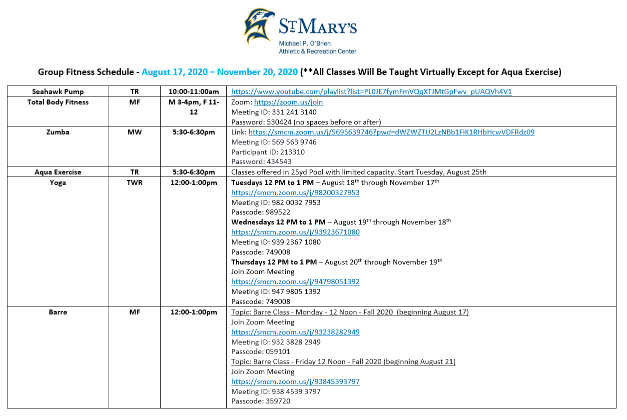 Updated MPOARC Fall 2020 Group Fitness Schedule