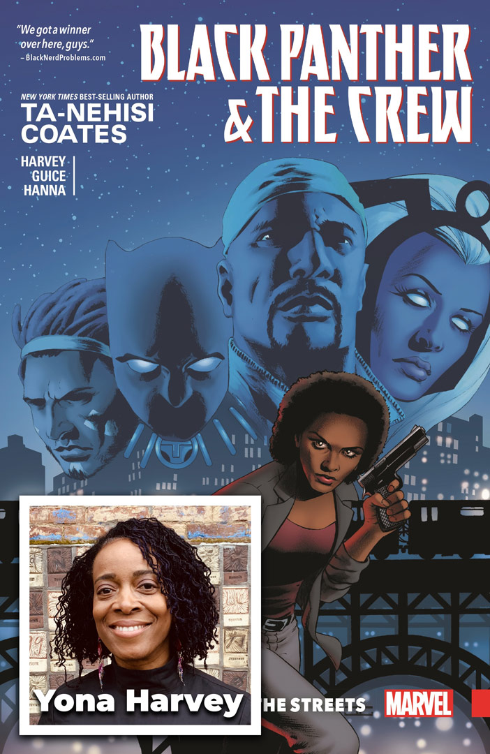 Marvel's "Black Panther & The Crew" comic book cover image, with writer Yona Harvey portrait insert