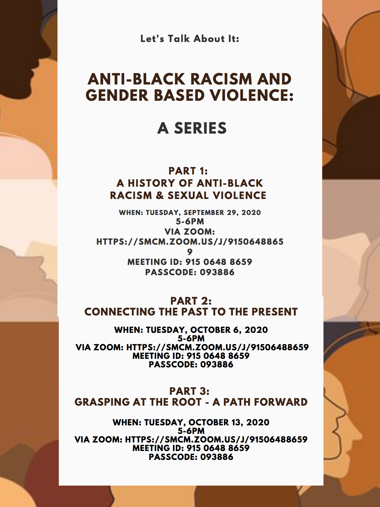 Advertisement of Anti-Black Racism and Gender-Based Violence event series. Includes dates and zoom information that is repeated in the full announcement.