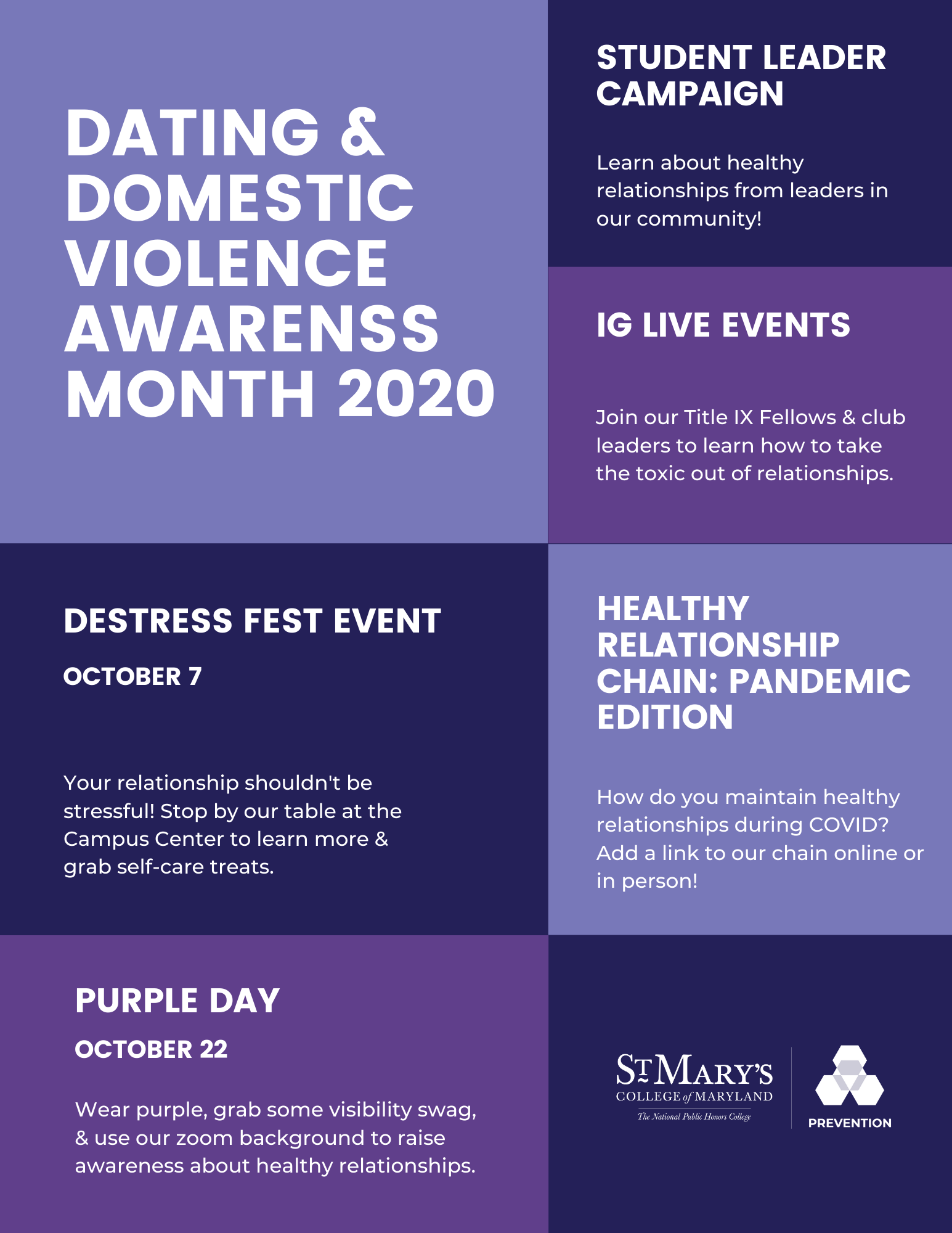 Flyer advertising Dating & Domestic Violence Awareness Events for the month of October which are repeated in the description. 