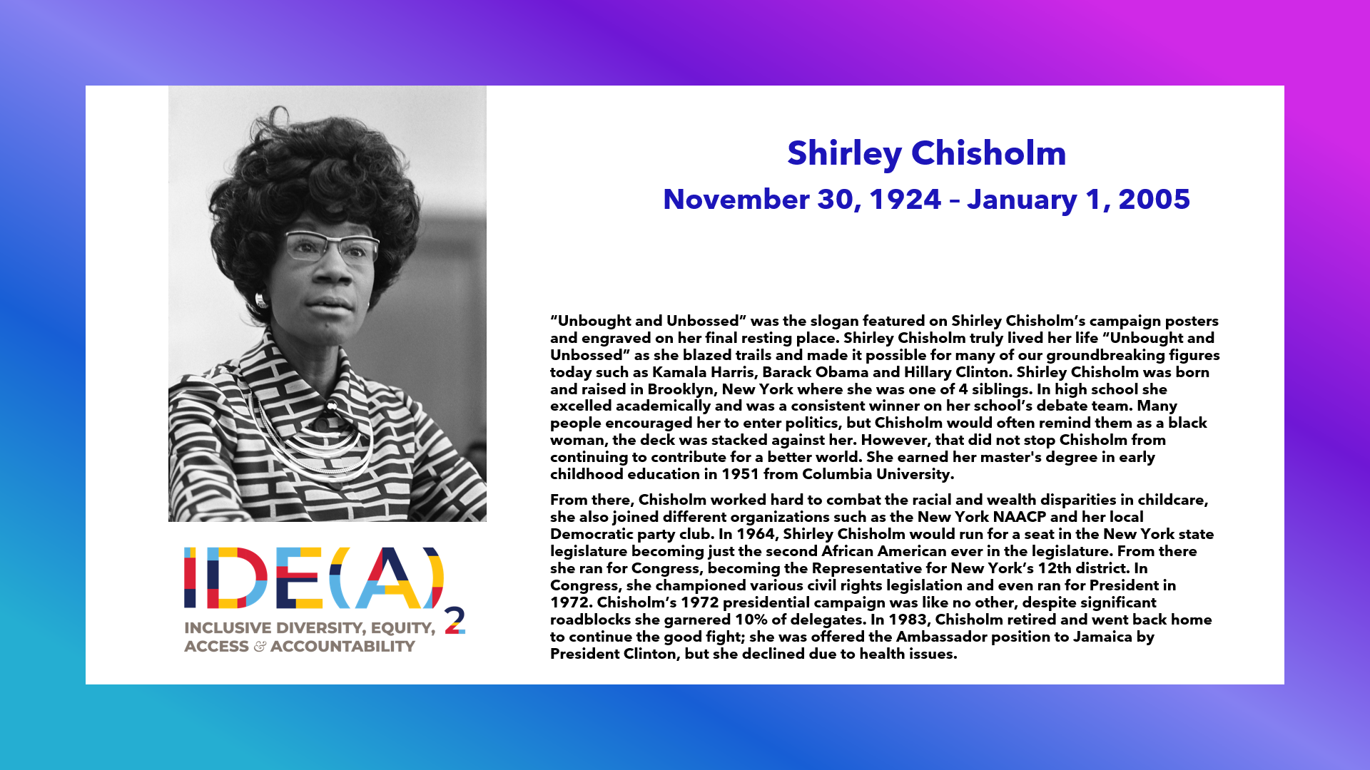 Notable person in Women's History Month, Shirley Chisholm