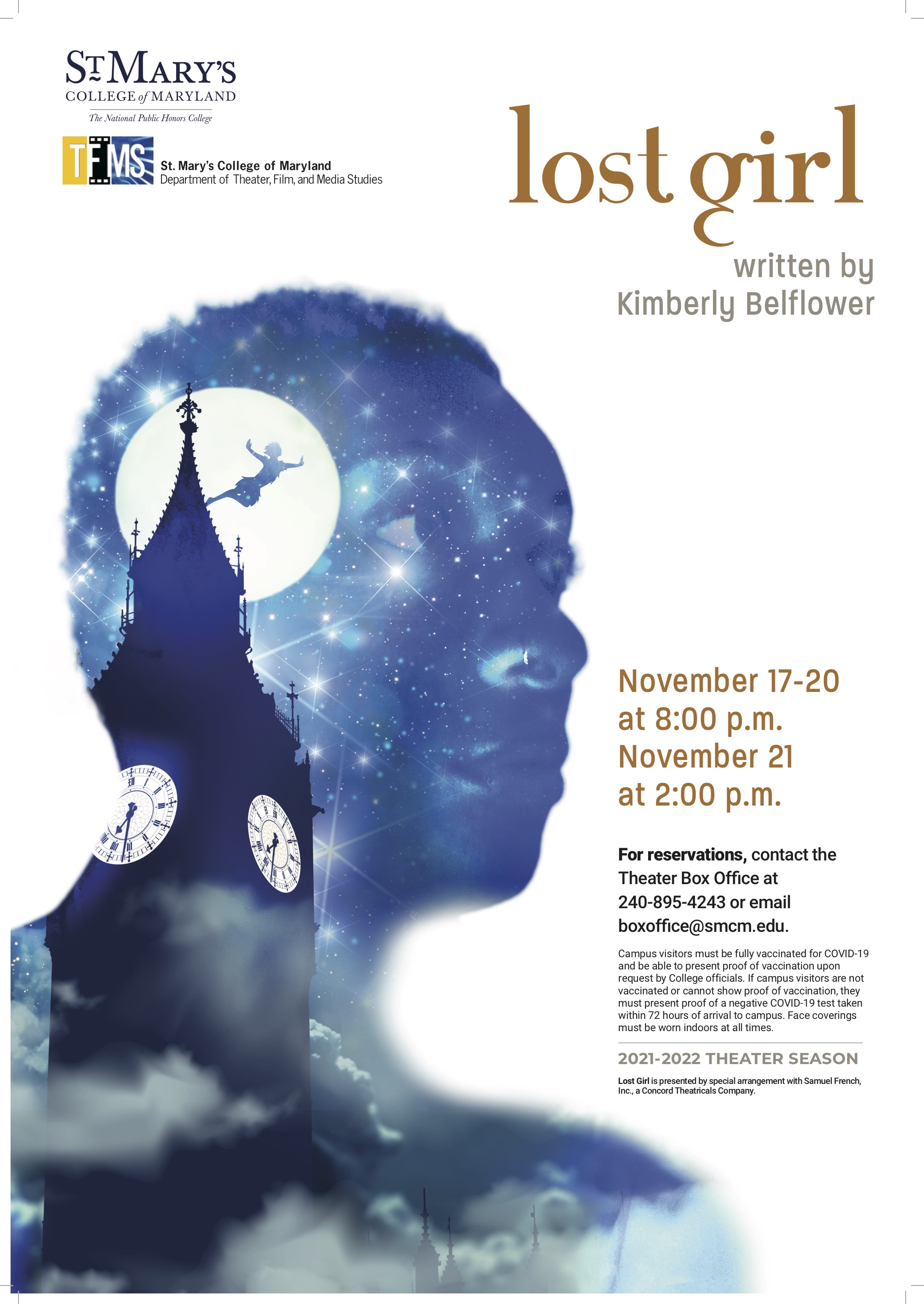 Poster for LOST GIRL in the Bruce Davis Theater Opening November 17. Profile of a woman's face with a clock tower, the moon, the night sky, and a shadow of Peter Pan superimposed on it. 