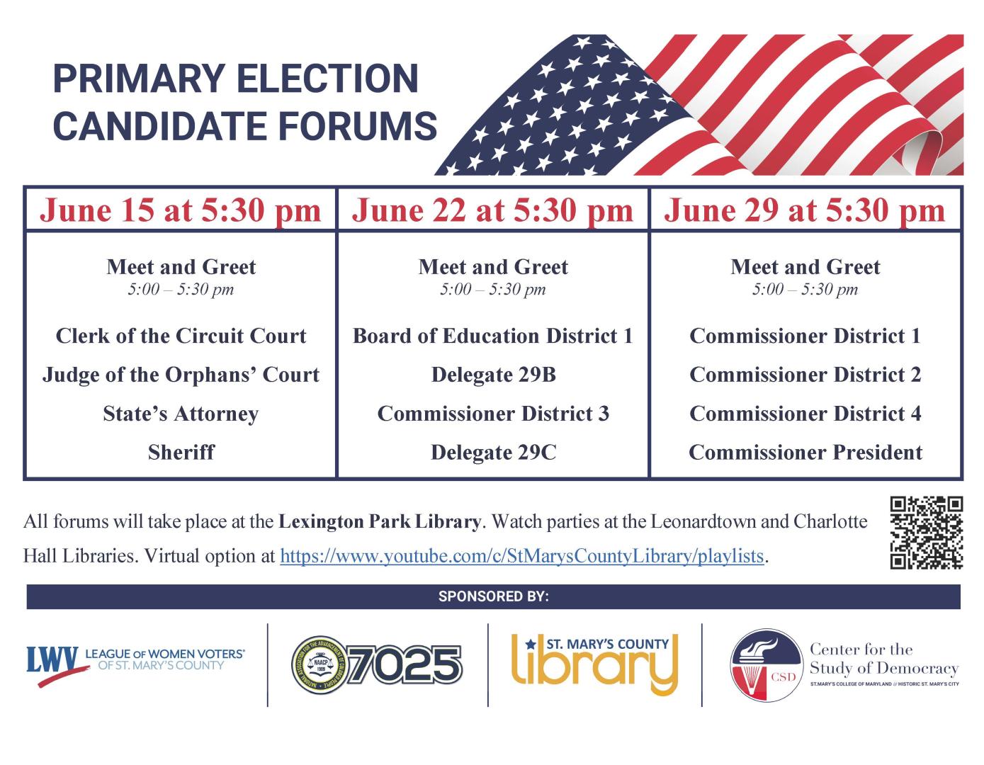 candidate forum flyer with details for each of three events that are fully described in the text of the event.