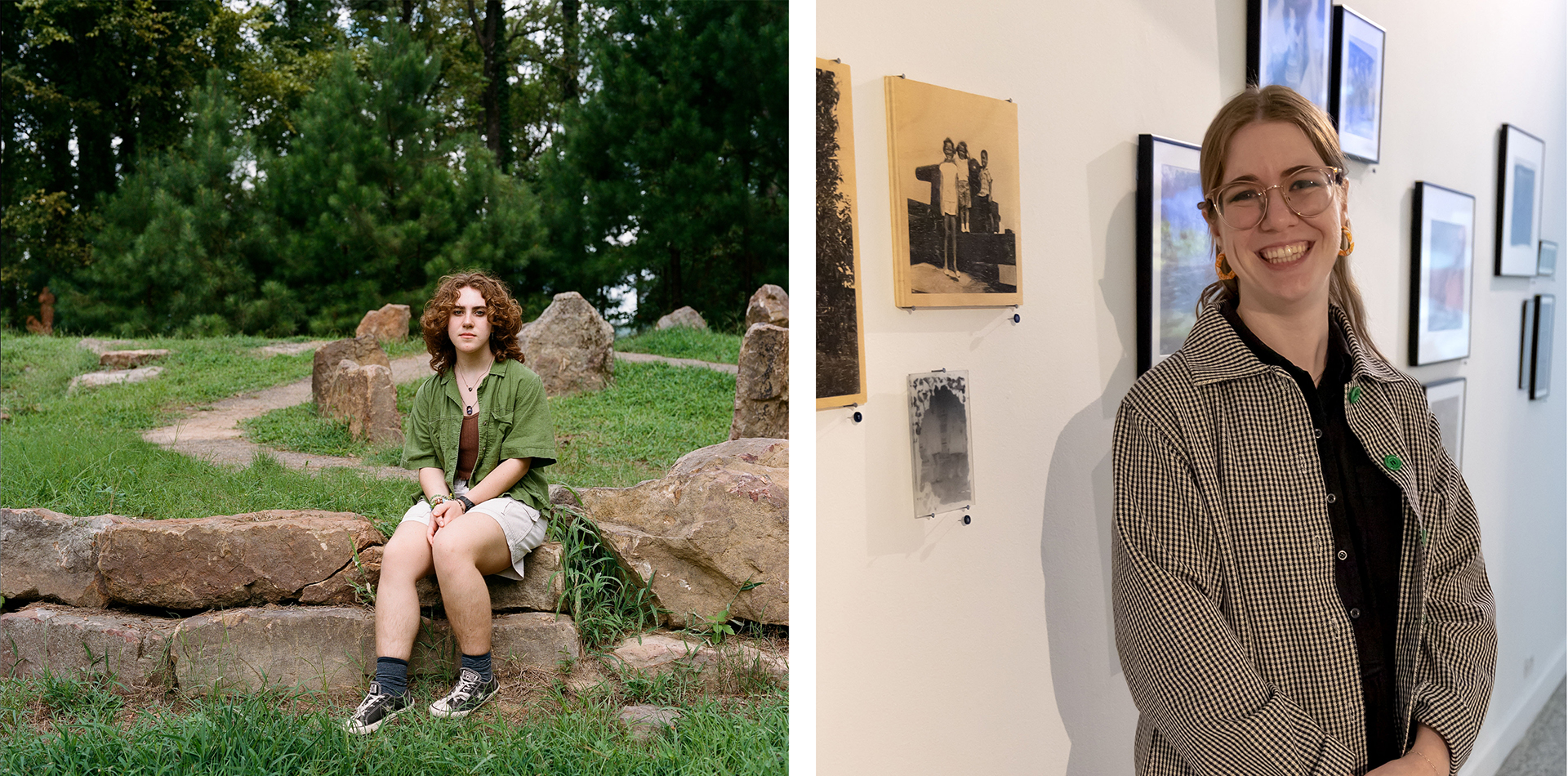 Left: figure in a landscape and with: woman standing in front of wall with pictures