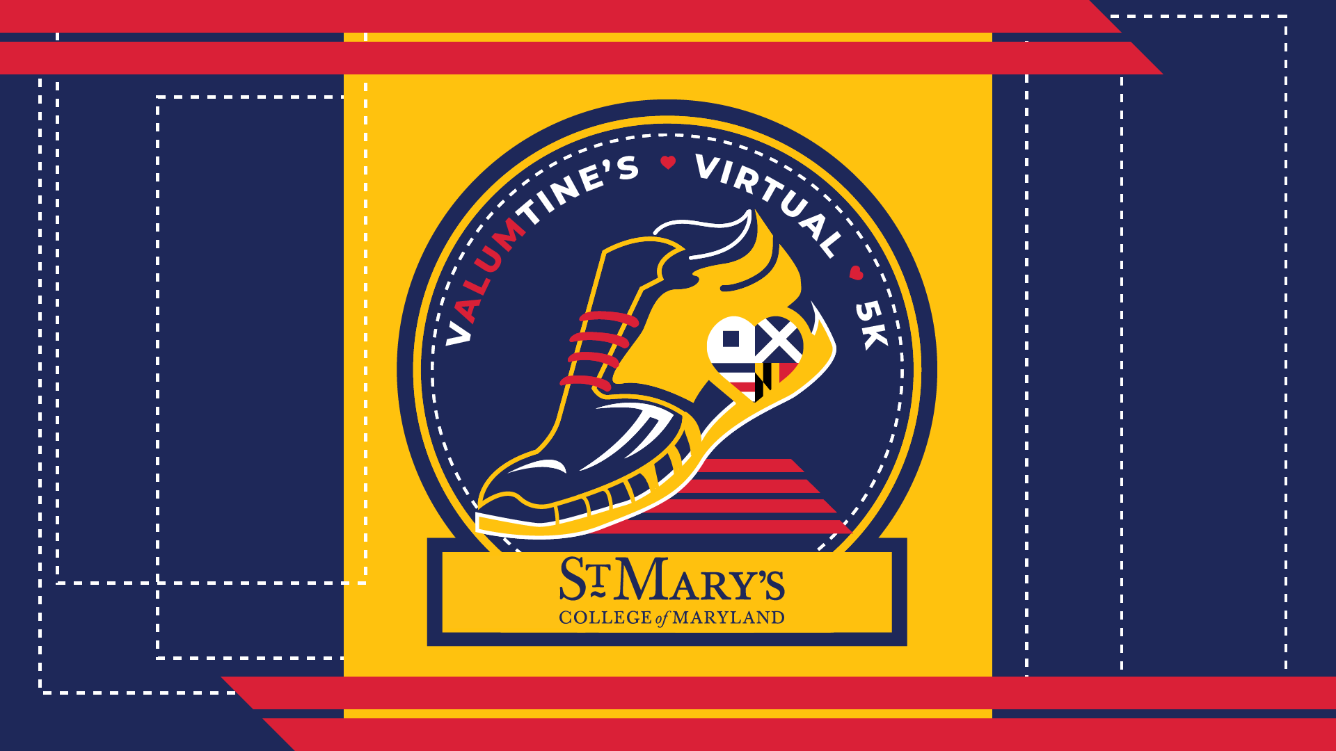 Navy, gold and yellow box with a running shoe logo and the text, SMCM Valumtine's Day Virtual 5K, St. Mary's College of Maryland