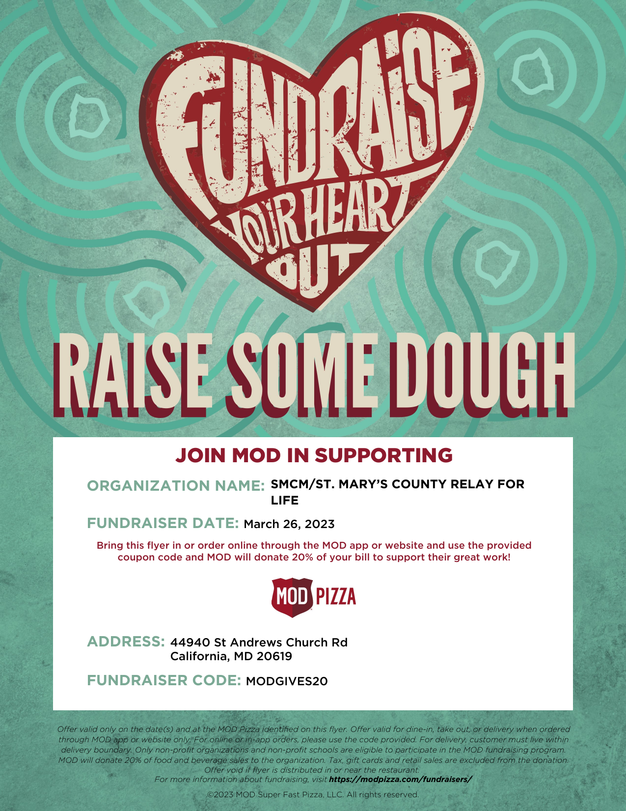 MOD Pizza Fundraiser on 3/26 to support SMCM/St. Mary's County Relay
