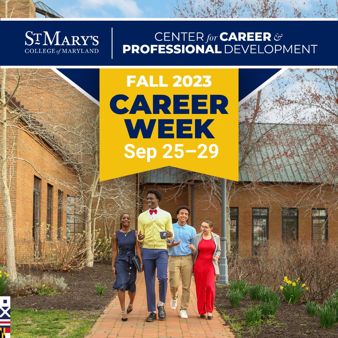 Image of students walking on campus with information about Career Week at the top