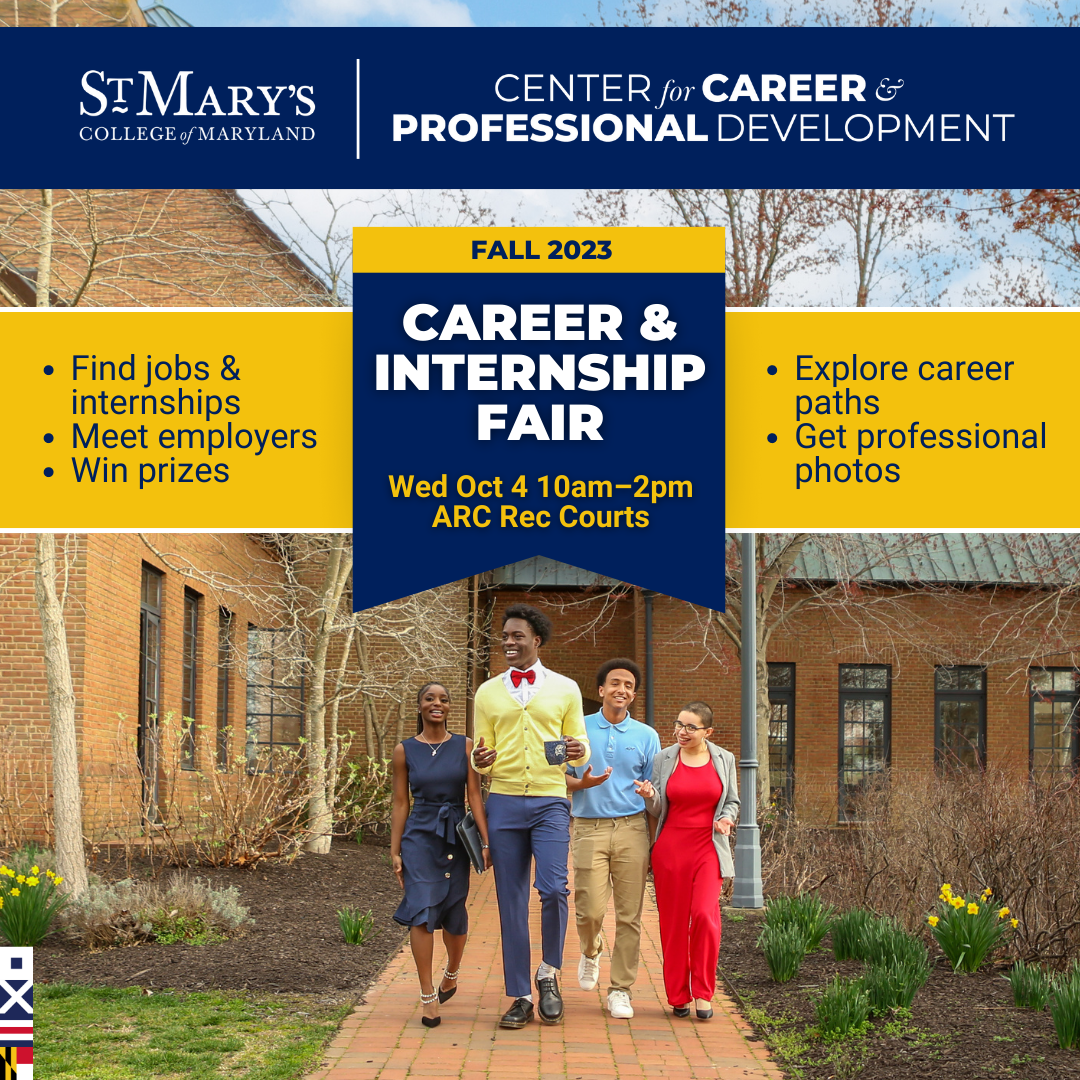 Image of students walking on campus with information about the Career & Internship Fair at the top