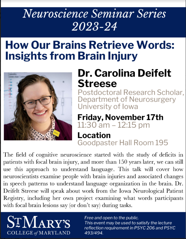 flyer advertising Dr. Carolina Deifelt Streese's talk with an image of the presenter, a woman with glasses and light brown hair smiling at the camera. 