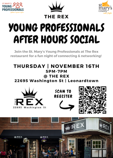 Young Professionals event flyer. Event will take place at The Rex in Leonardtown on November 16th.