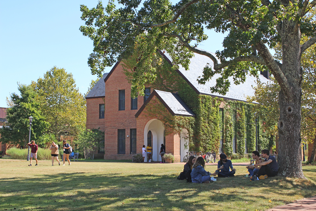 Students outside of Glendening Hall on the Pillow