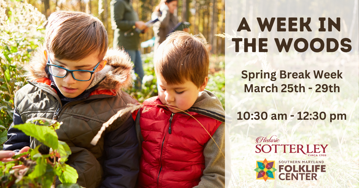 Children learning about nature A Week in the Woods: March 25-29, 10:30 a.m. - 12:30 p.m. sponsored by Historic Sotterley and the Southern Maryland Folklife Center