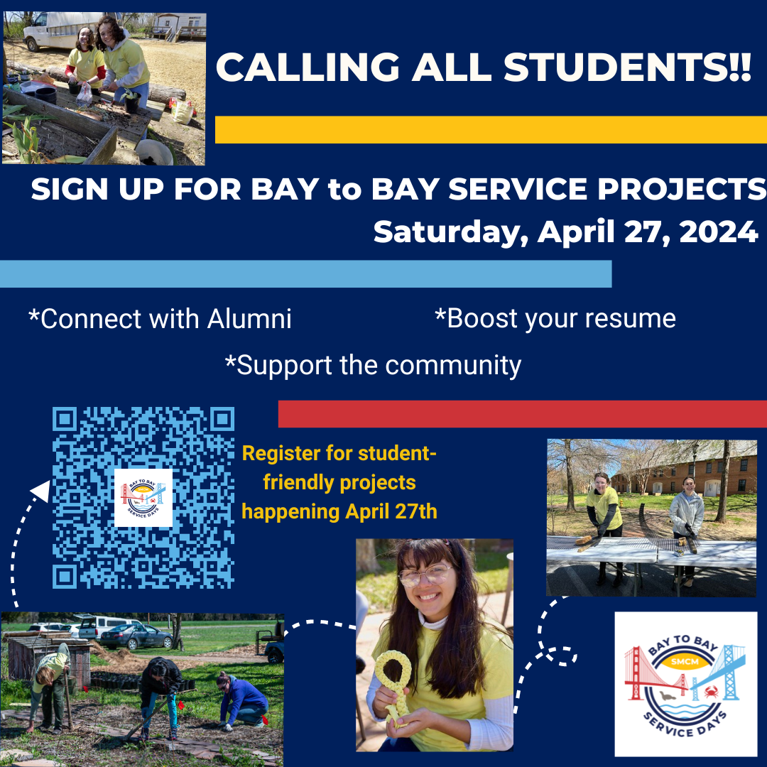 An informational flier with past pictures of students doing service projects and QR code to sign-up for on-campus Bay to Bay Service Day Projects scheduled for April 27, 2024. 