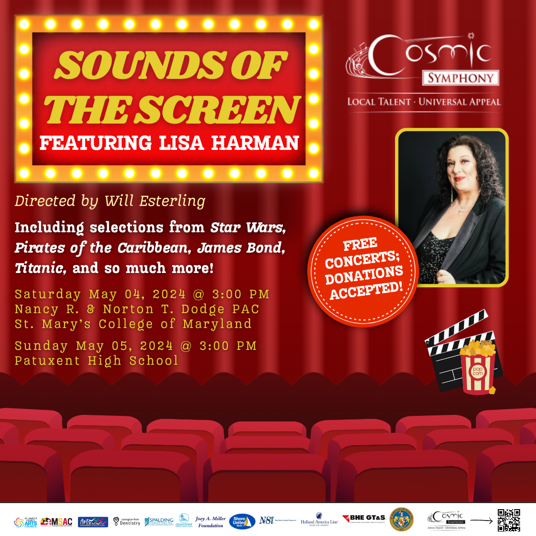 COSMIC Symphony’s concert titled Sounds of the Screen will feature International Vocalist Lisa Harman and the music heard across your favorite films, including Star Wars, Pirates of the Caribbean, James Bond, Titanic, and more. COSMIC Symphony is pleased to present these concerts free of charge.