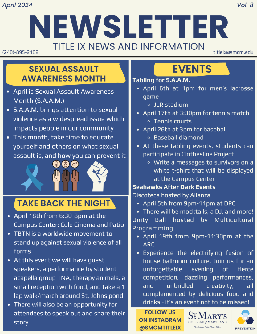 Images of Teal ribbon, three hands with gender symbols above them and a fist.  The Title IX Prevention logo is the bottom right of the page. The rest of the image includes newsletter text that is included in the full announcement