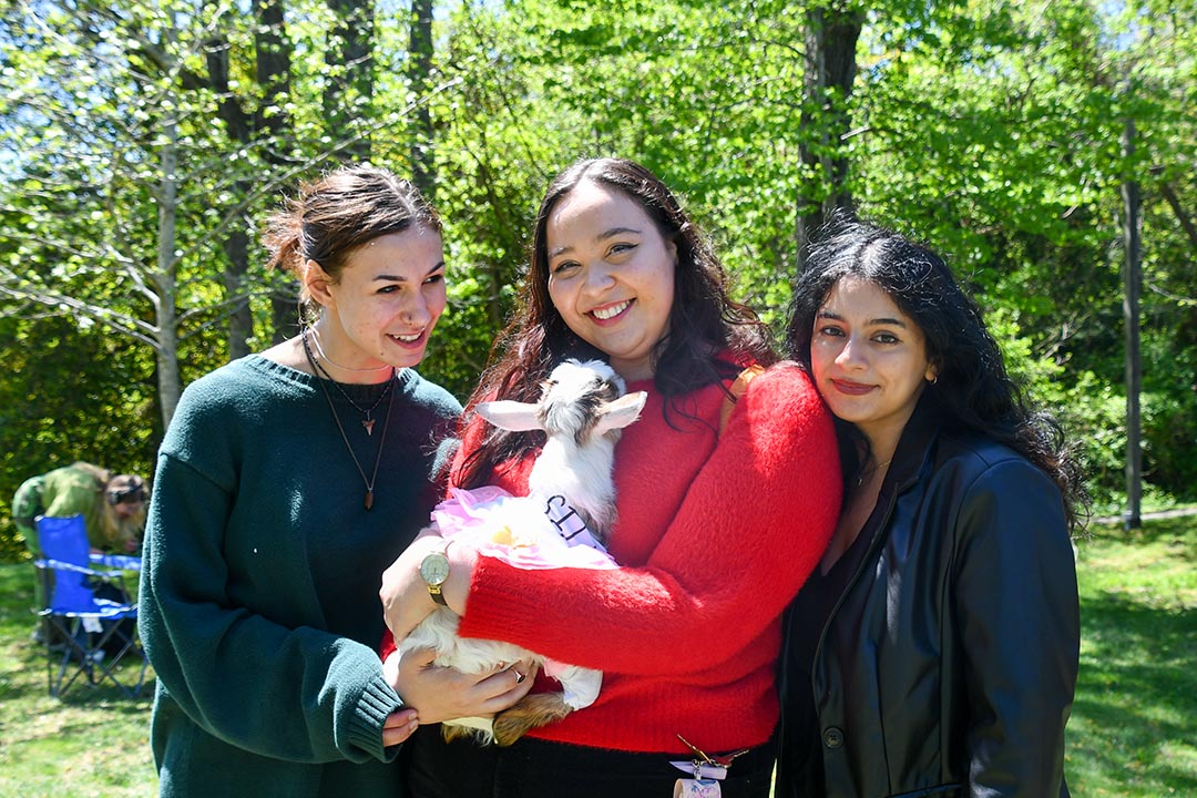 3 women one cuddling a baby goat