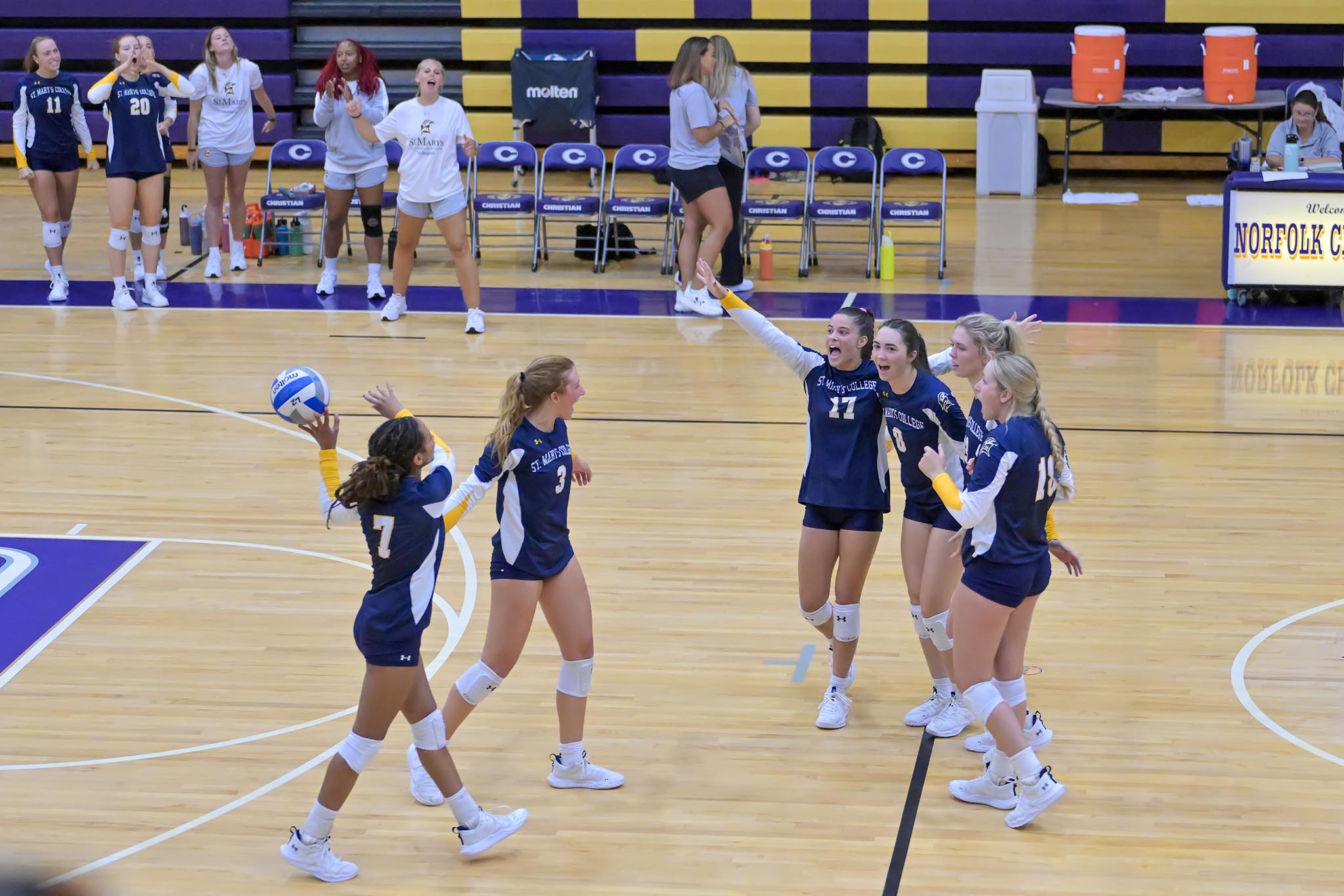 Volleyball players celebrate a point