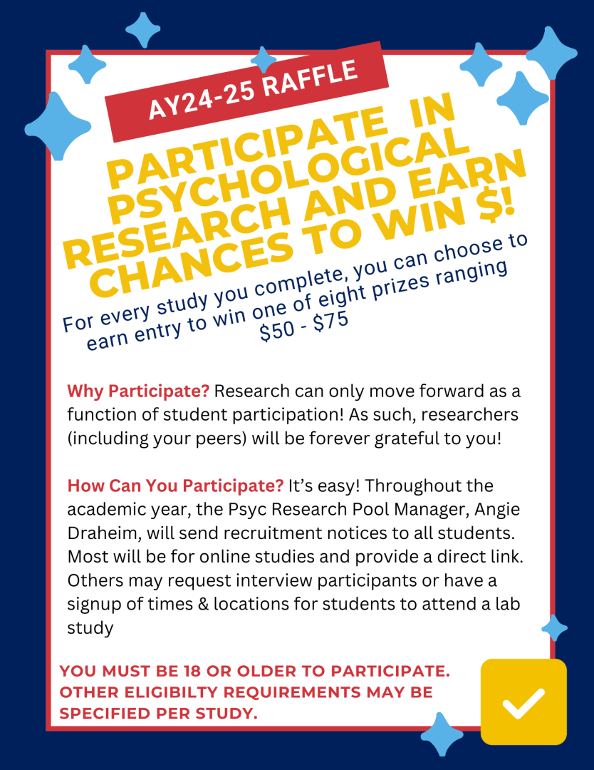 Participate in Psychological Research During AY24-25 and Earn Chances to Win $50 or $75! WHY PARTICIPATE?  Research can only move forward as a function of student participation!  Researchers (including your peers) will be forever grateful to you!  For every study you complete, you can choose to be entered in a raffle to win one of eight prizes ranging $50 - $75!    HOW DO I PARTICIPATE?  It’s easy! Just follow directions in recruitment emails sent from Angie Draheim. Must be 18 or older.