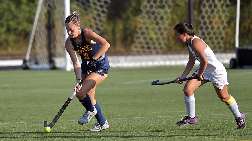 Two field hockey players in action