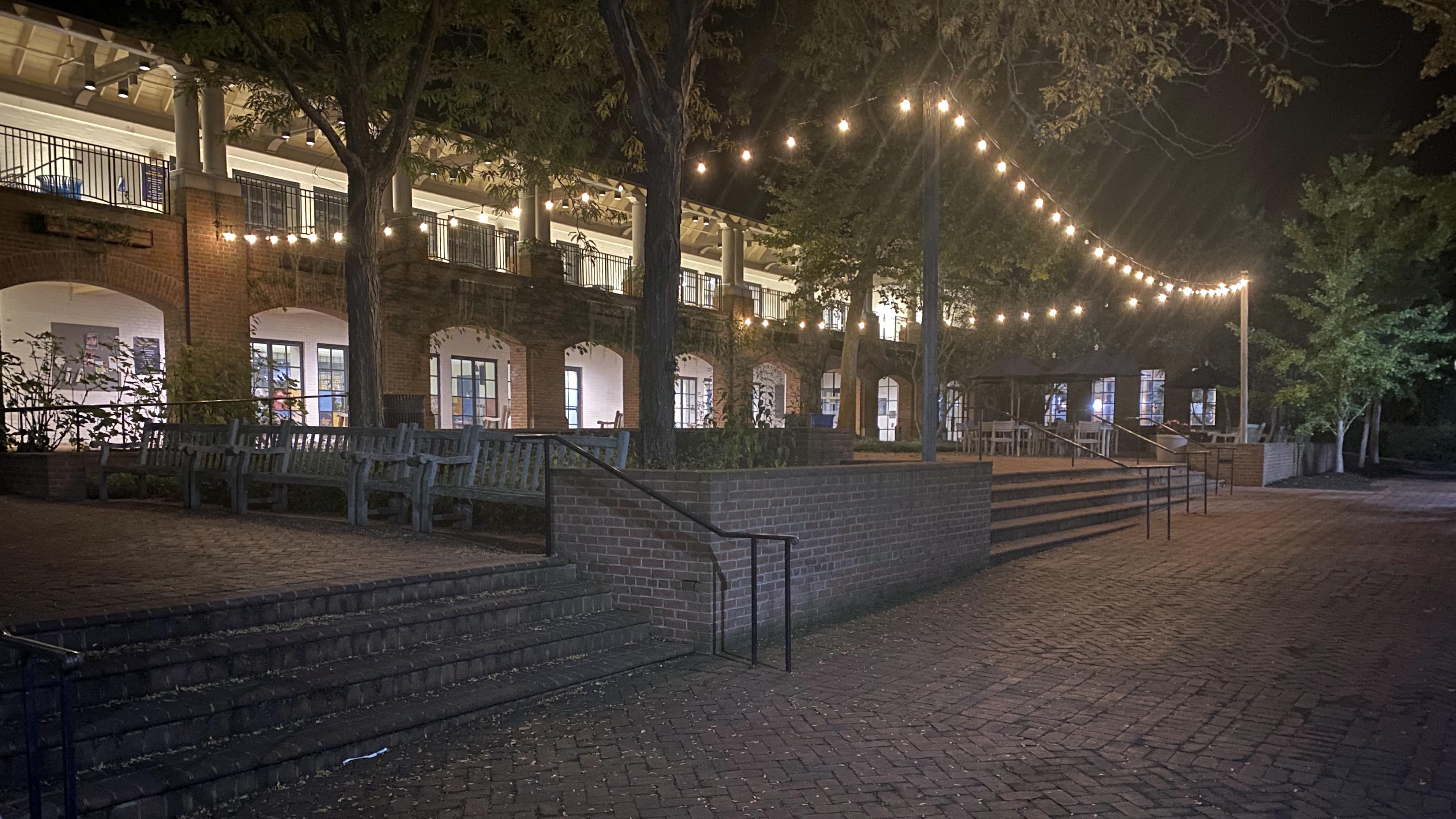 Campus Center lit by string lights