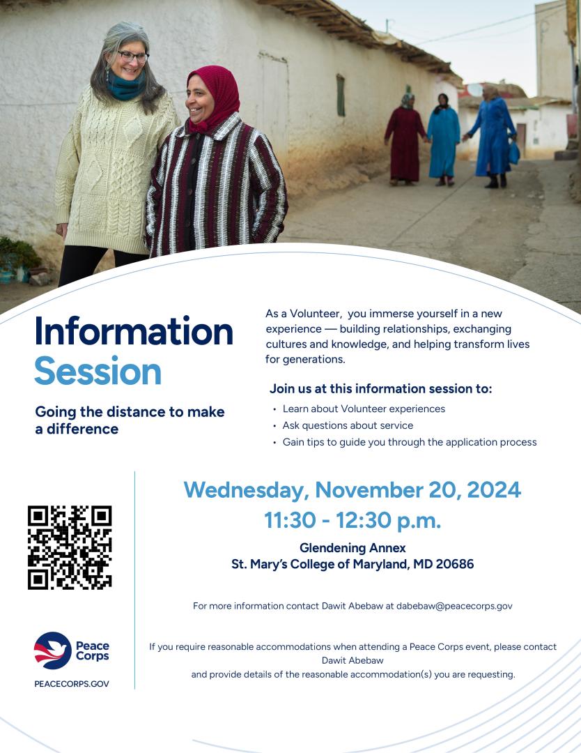 Peace Corps information session. Learn about volunteer experiences, ask questions about service, and gain tips to guide you through the application process. Wednesday, November 20, 2024 11:30-12:30 PM. 