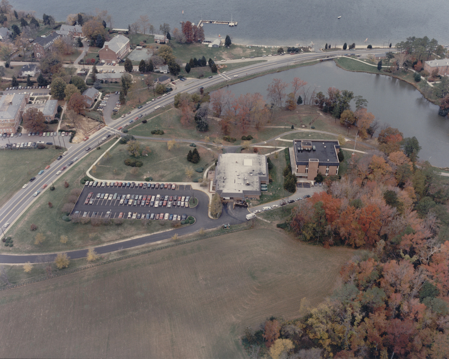 aerial view of campus center and historic zone, fall 1987