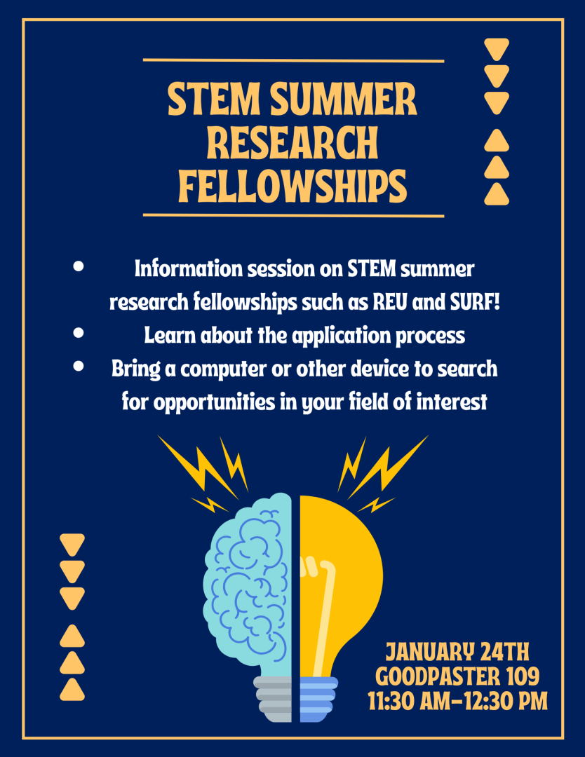 Please join us for a STEM summer research fellowship information session on Friday, January 24th from 11:30 AM-12:30 PM at Goodpaster Hall 109. The session will cover how to find and apply to STEM summer research fellowships such as REU and SURF.  Paid opportunities to do summer research off-campus and on-campus will be discussed. After a short information session, there will be time allotted to search for opportunities of interest (bring a computer or other device to search). 