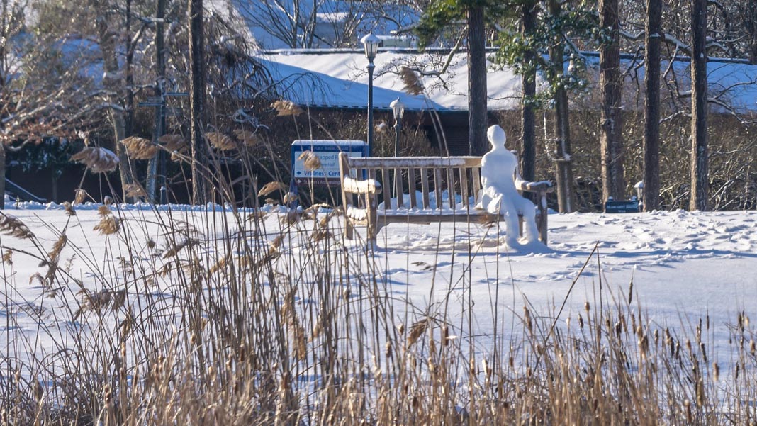 Snow figure seated on bench