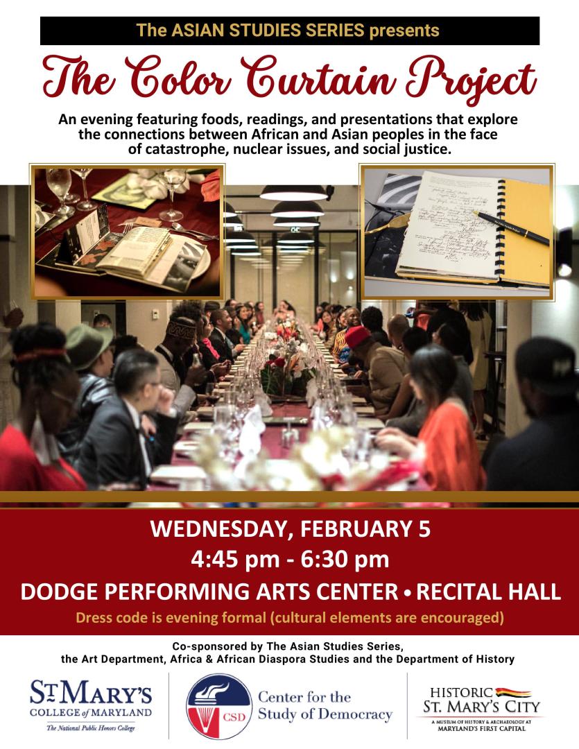 Poster for "The Color Curtain Project" event on February 5, 4:45-6:30 PM at Dodge Performing Arts Center, focusing on connections between African and Asian peoples through nuclear issues and social justice. Features images of books and performances.