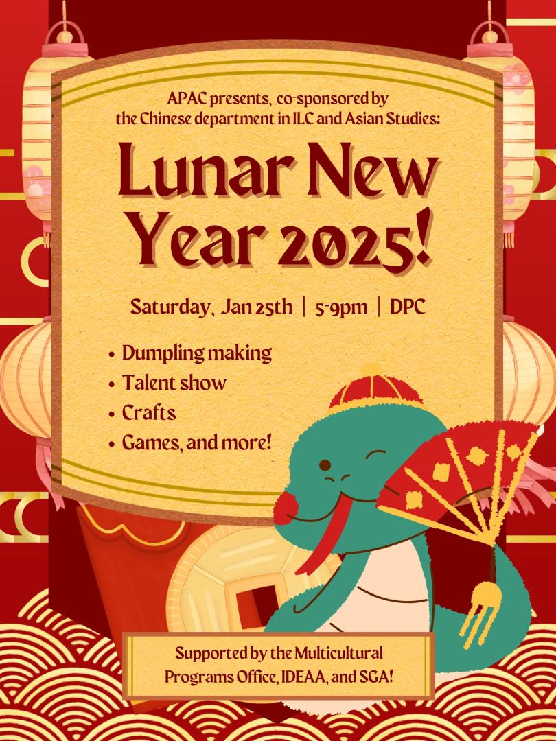 A cartoon snake with a fan and lanterns celebrating Lunar New Year