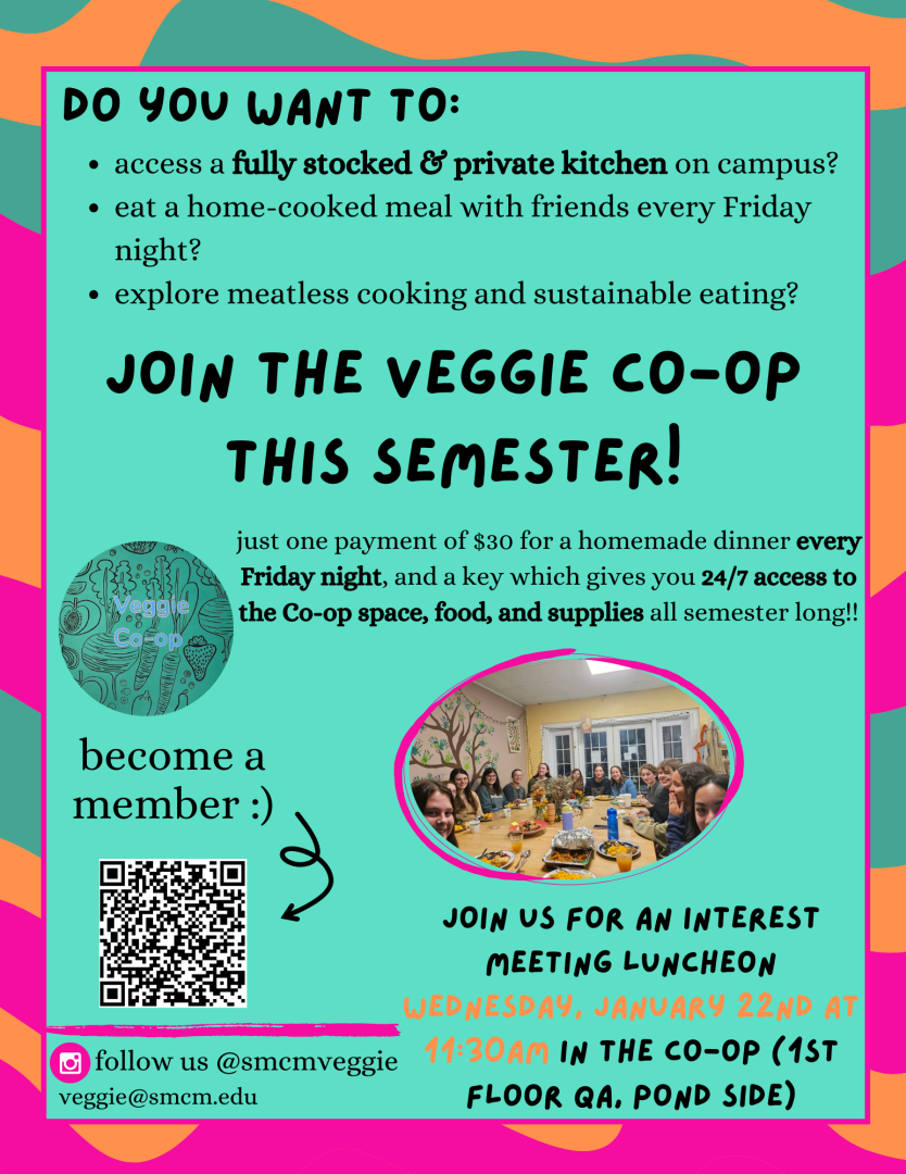 Do you want access to a fully stocked and private kitchen? Want to enjoy a homemade meal every Friday night? Explore meatless cooking? Join the Veggie Co-op this semester!!