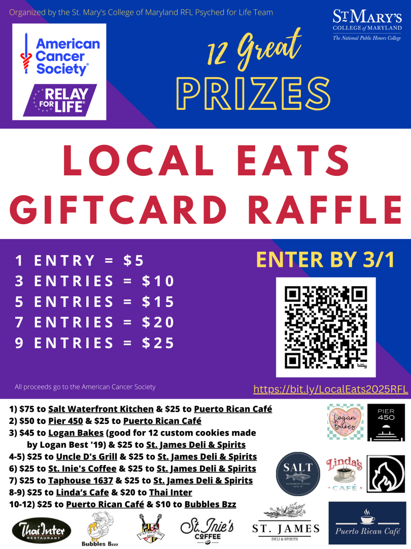 A flyer for the American Cancer Society Relay for Life, promoting a "Local Eats Giftcard Raffle" with various entry prices and prizes. It includes QR code, event details, and restaurant logos, with registration deadline of March 1st.