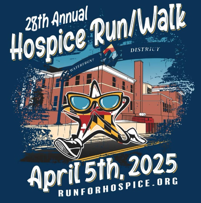 Illustration for the 28th Annual Hospice Run/Walk on April 5th, 2025, featuring a sneaker-wearing star with sunglasses. Background depicts buildings labeled "Waterfront District." Website is runforhospice.org.