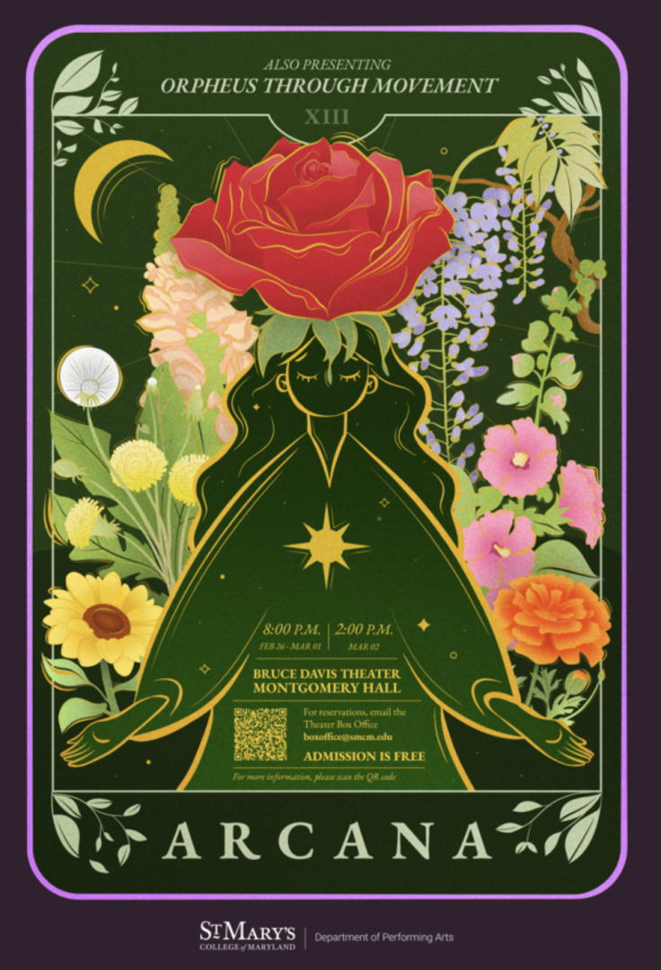 Poster for a performance titled "Arcana" featuring an illustration of a green figure with a red rose head surrounded by colorful flowers. The event details are listed, including date, time, and location. Admission is free.