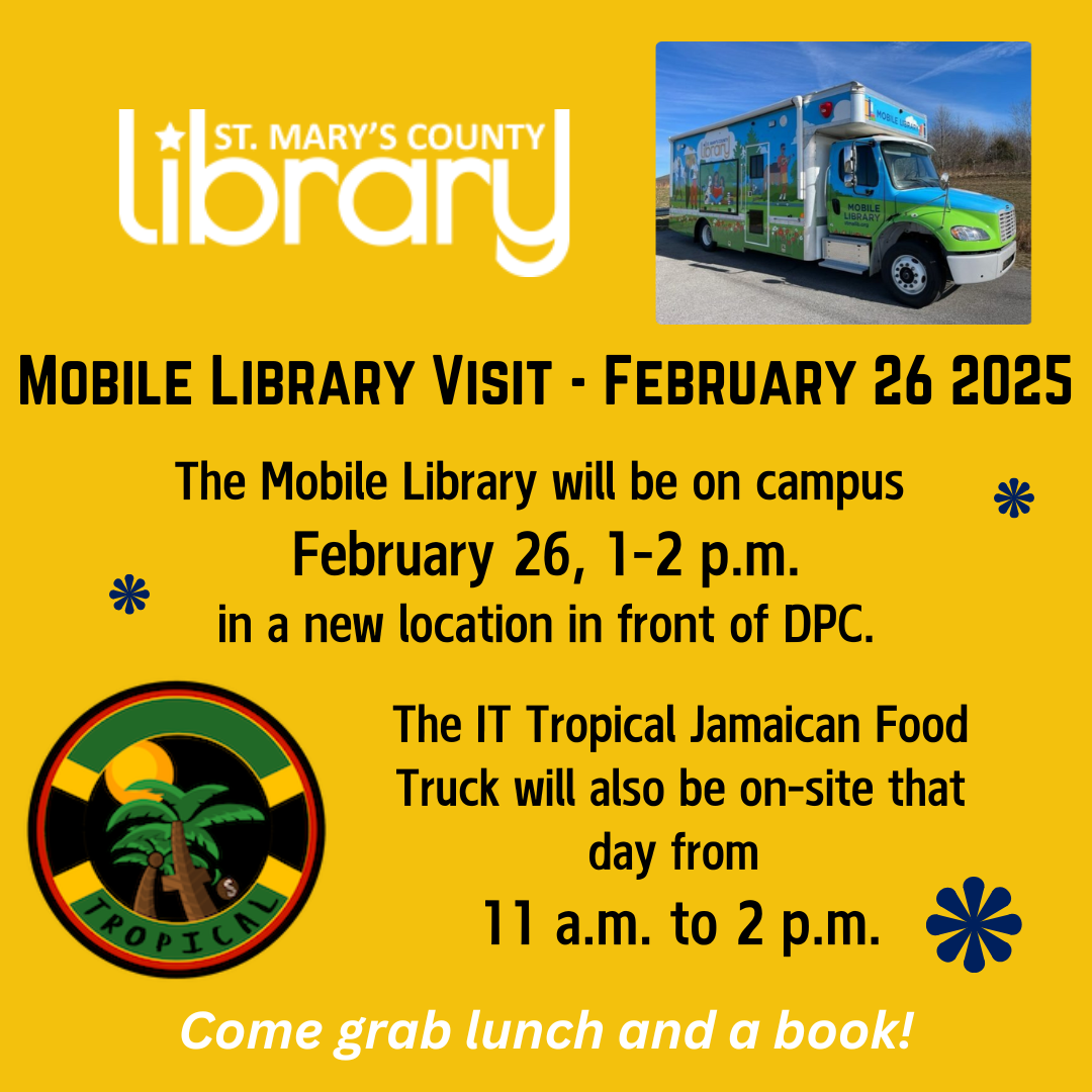 Yellow flyer for St. Mary’s County Library Mobile Library Visit on February 26, 2025. It mentions the IT Tropical Jamaican Food Truck will be available from 11 a.m. to 2 p.m., and the library from 1-2 p.m. "Come grab lunch and a book!.