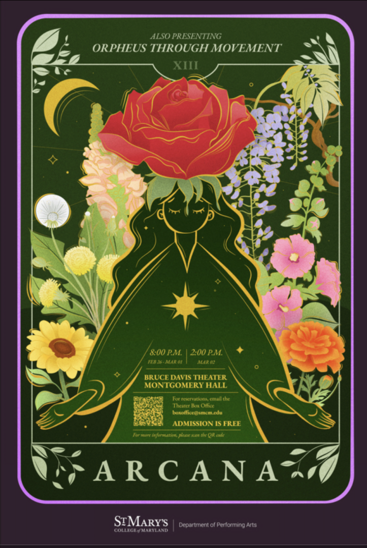 A vibrant event poster for "Arcana" featuring a mystical figure with long hair, sitting under a large rose and surrounded by colorful flowers. The event details are at Bruce Davis Theater, Montgomery Hall. Admission is free.