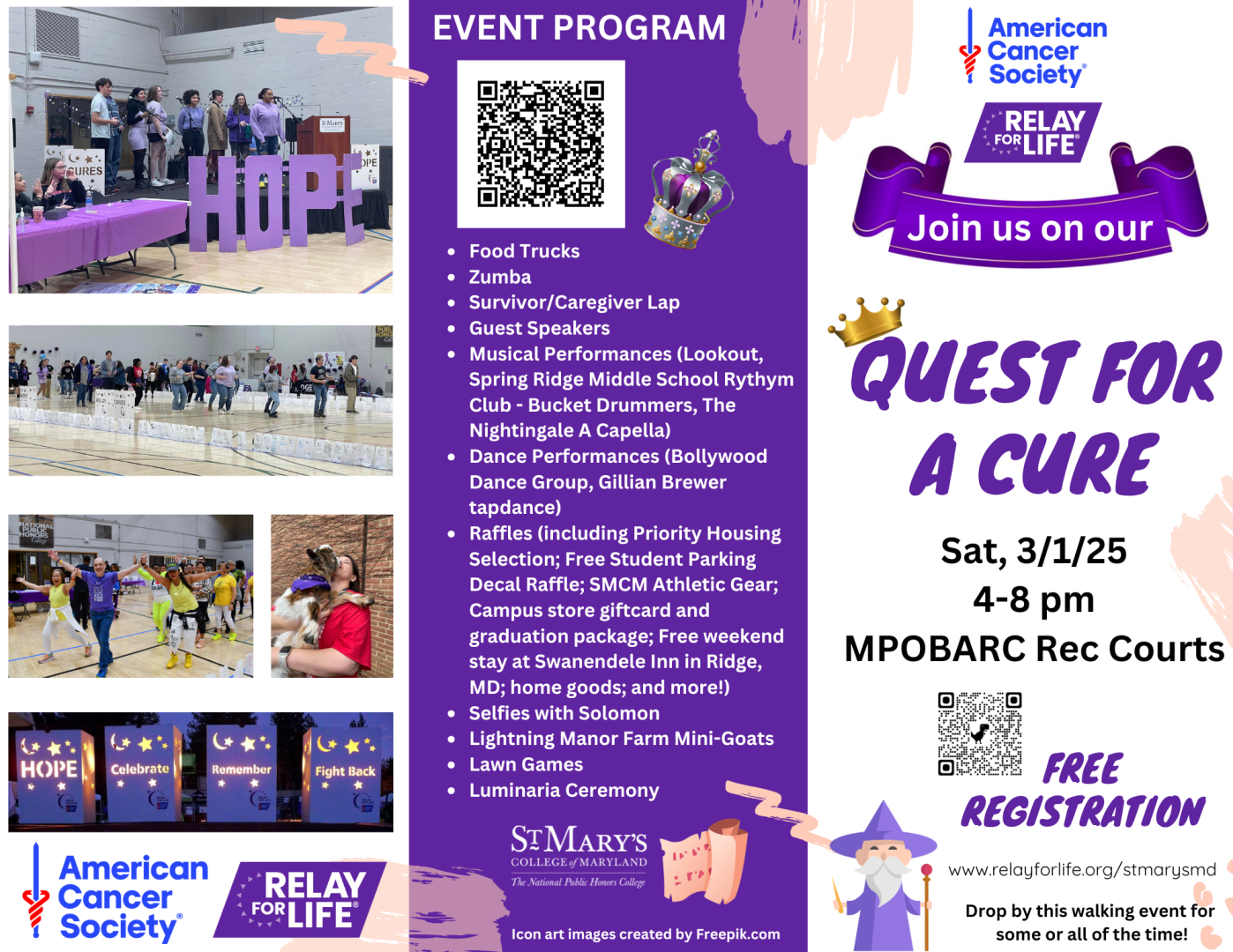 A colorful flyer for the American Cancer Society's event "Quest for a Cure" on March 1, 2025, from 4-8 PM at MPOBARC Rec Courts. Features event program, free registration info, and logos. Includes images of a QR code and purple-themed graphics.