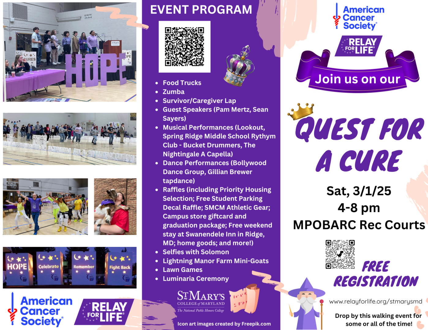 Event flyer for "Quest for a Cure" by Relay for Life, scheduled on Sat, 3/1/25, 4-8 pm at MPOBARC Rec Courts. Includes activities, food trucks, games, and raffles. Free registration. Presented by the American Cancer Society.