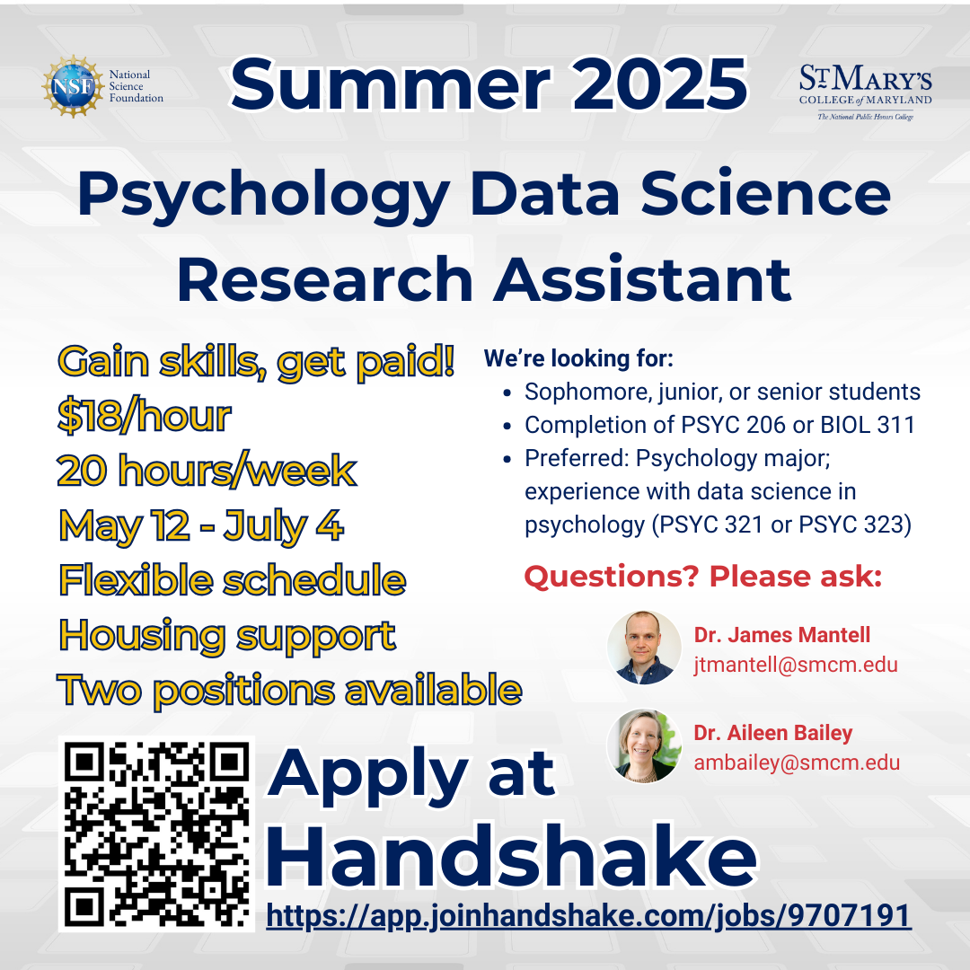 A poster for a Summer 2025 Psychology Data Science Research Assistant position at St. Mary's College of Maryland. Details include $18/hour, 20 hours/week, May 12 - July 4, flexible schedule, housing support, and two positions available.