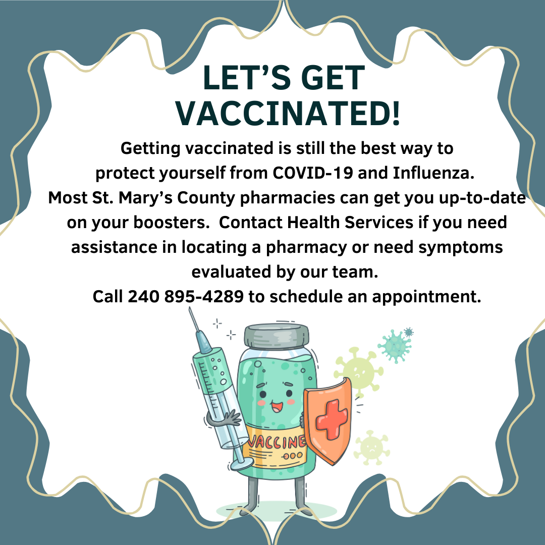 Illustration of a smiling vaccine vial character holding a syringe and shield. Text encourages vaccinations for COVID-19 and flu, provides contact information for assistance, and advises calling a number to schedule an appointment.