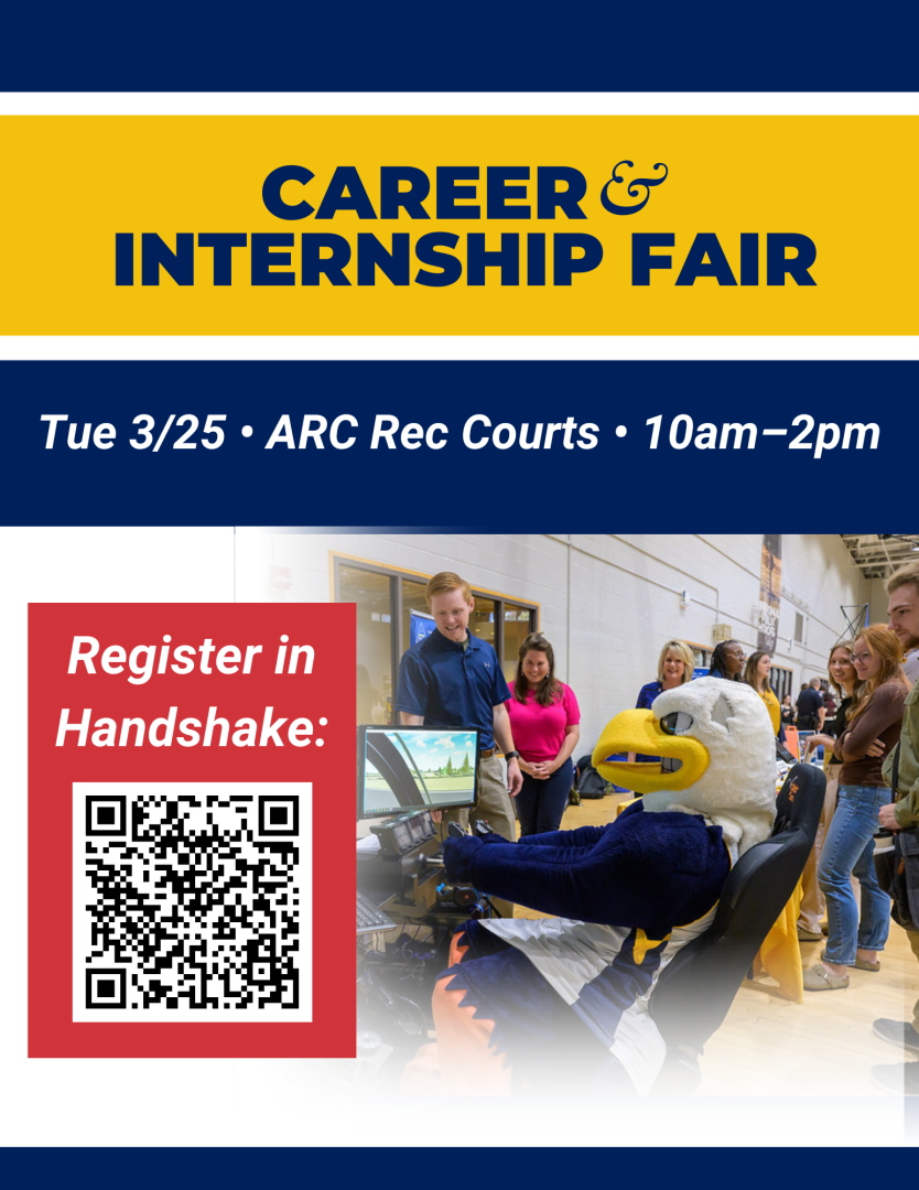 A poster for a Career & Internship Fair on Tue 3/25 at ARC Rec Courts from 10am-2pm. It features a mascot in a bird costume sitting at a desk with a computer, surrounded by people. A QR code for registration in Handshake is on the left.