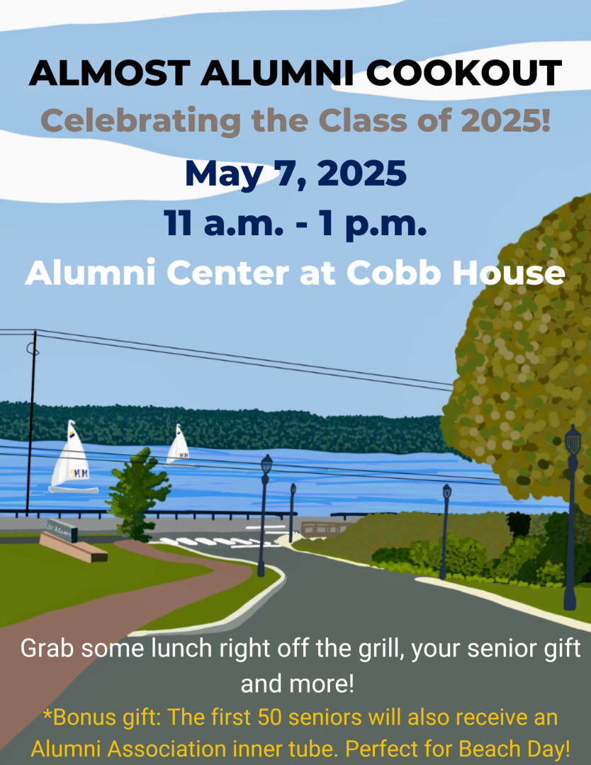 Illustrated flyer for an "Almost Alumni Cookout" on May 7, 2025, from 11 a.m. to 1 p.m., at the Alumni Center, promoting free lunch and gifts for seniors.