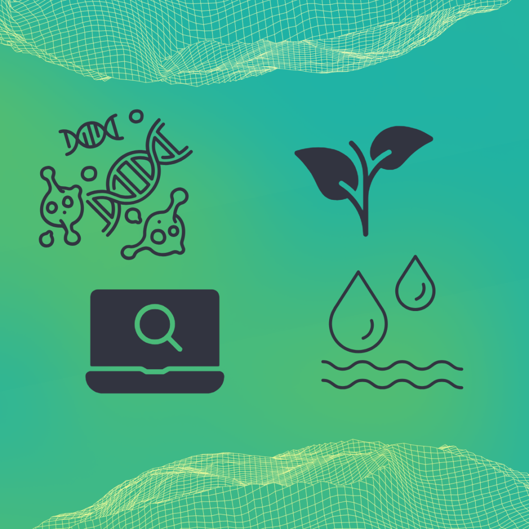 Four black icons on a green background: DNA and cells, a plant, a laptop with a magnifying glass, and water drops above wavy lines.