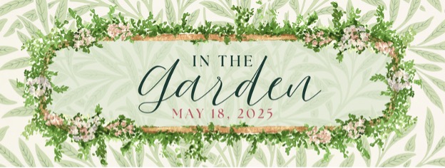 Invitation card with floral border. Text reads: "In the Garden, May 18, 2025." Leafy background.