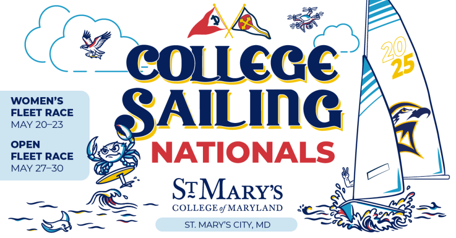 Illustrated poster for College Sailing Nationals at St. Mary's College of Maryland, featuring sailboats, event dates, and cartoon sea creatures.