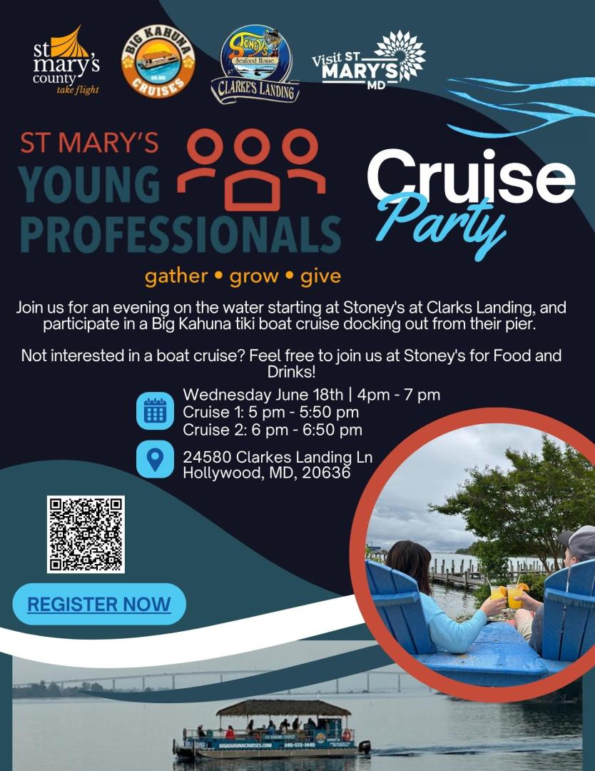 Promotional flyer for St. Mary’s Young Professionals Cruise Party on June 18, 2024, with event details, QR code, and images of a boat, food, and drinks.